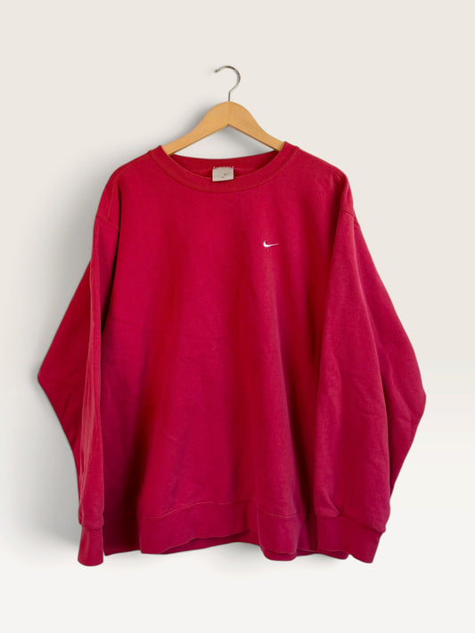 225 Threadz red Nike crewneck sweatshirt with embroidered white Swoosh logo on a wooden hanger against a white wall.