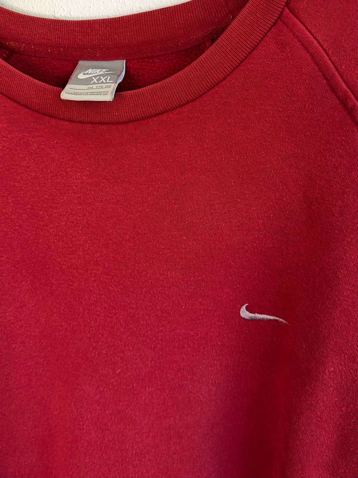 225 Threadz deep red Nike crewneck sweatshirt with embroidered silver Swoosh logo and ribbed collar