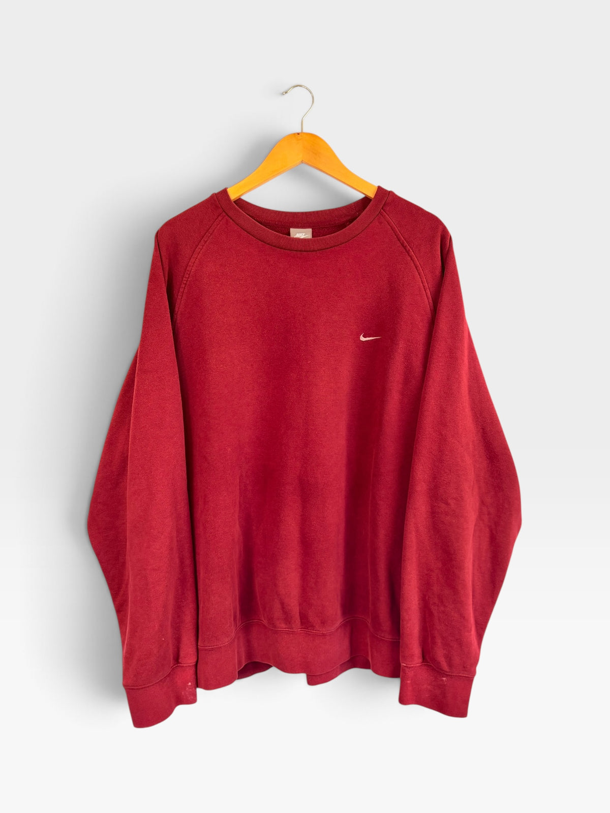 225 Threadz deep red Nike crewneck sweatshirt with raglan sleeves and small embroidered Swoosh logo on chest