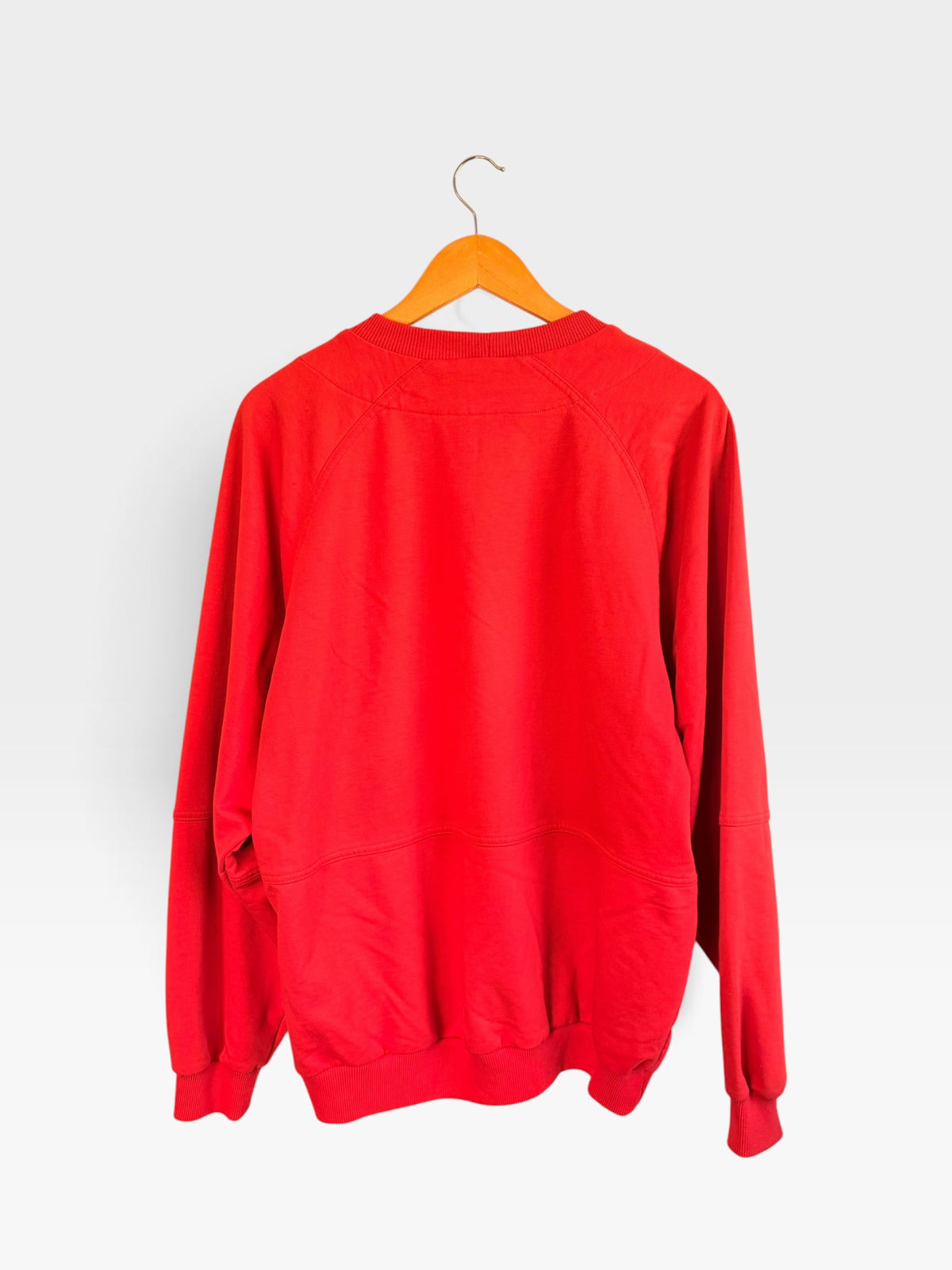 Back view of a 225 Threadz vintage red Nike crewneck sweatshirt with paneled construction on a wooden hanger.