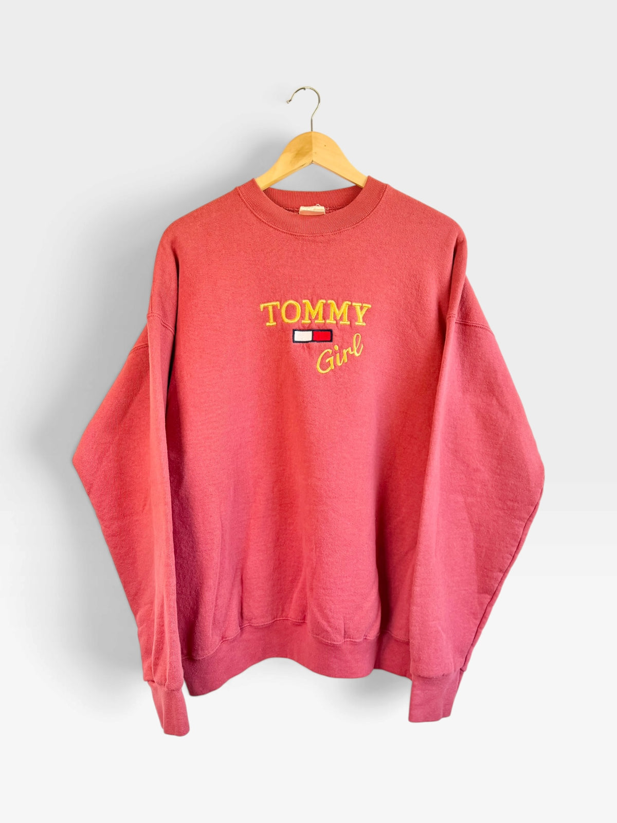 225 Threadz vintage-inspired red Tommy Girl crewneck sweatshirt with yellow embroidery and signature flag logo