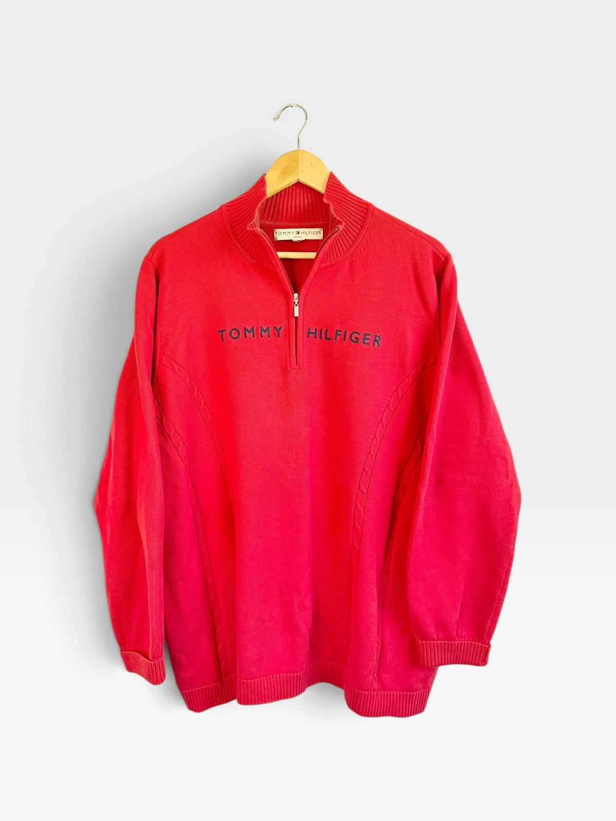 225 Threadz red Tommy Hilfiger quarter-zip pullover sweater with embroidered logo and cable-knit side panel detail