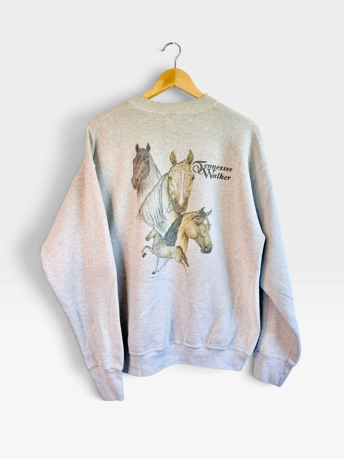 225 Threadz heather grey crewneck sweatshirt featuring a vintage Tennessee Walker horse illustration on the back.