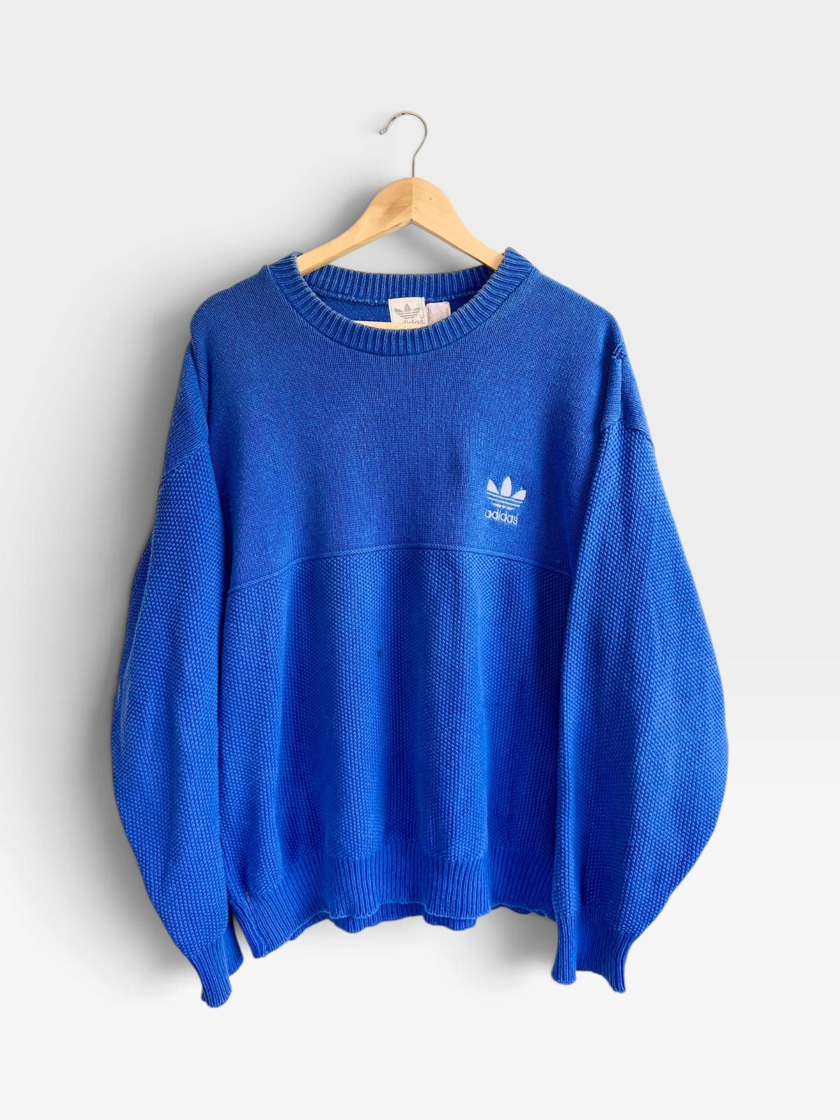 225 Threadz vintage royal blue Adidas crewneck knit sweater with white embroidered Trefoil logo on chest