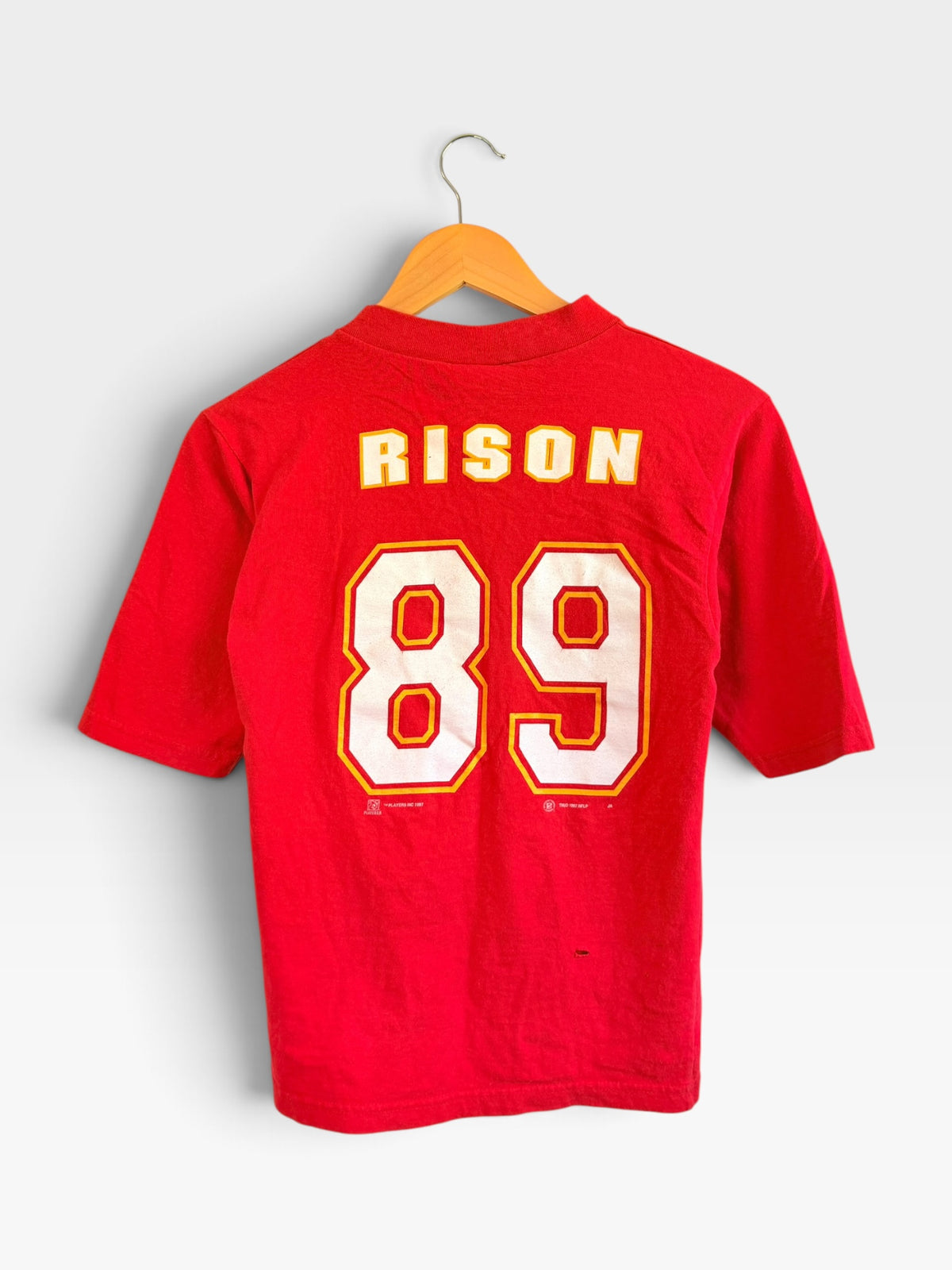 225 Threadz vintage red Kansas City Chiefs Andre Rison 89 football jersey t-shirt with white and yellow lettering