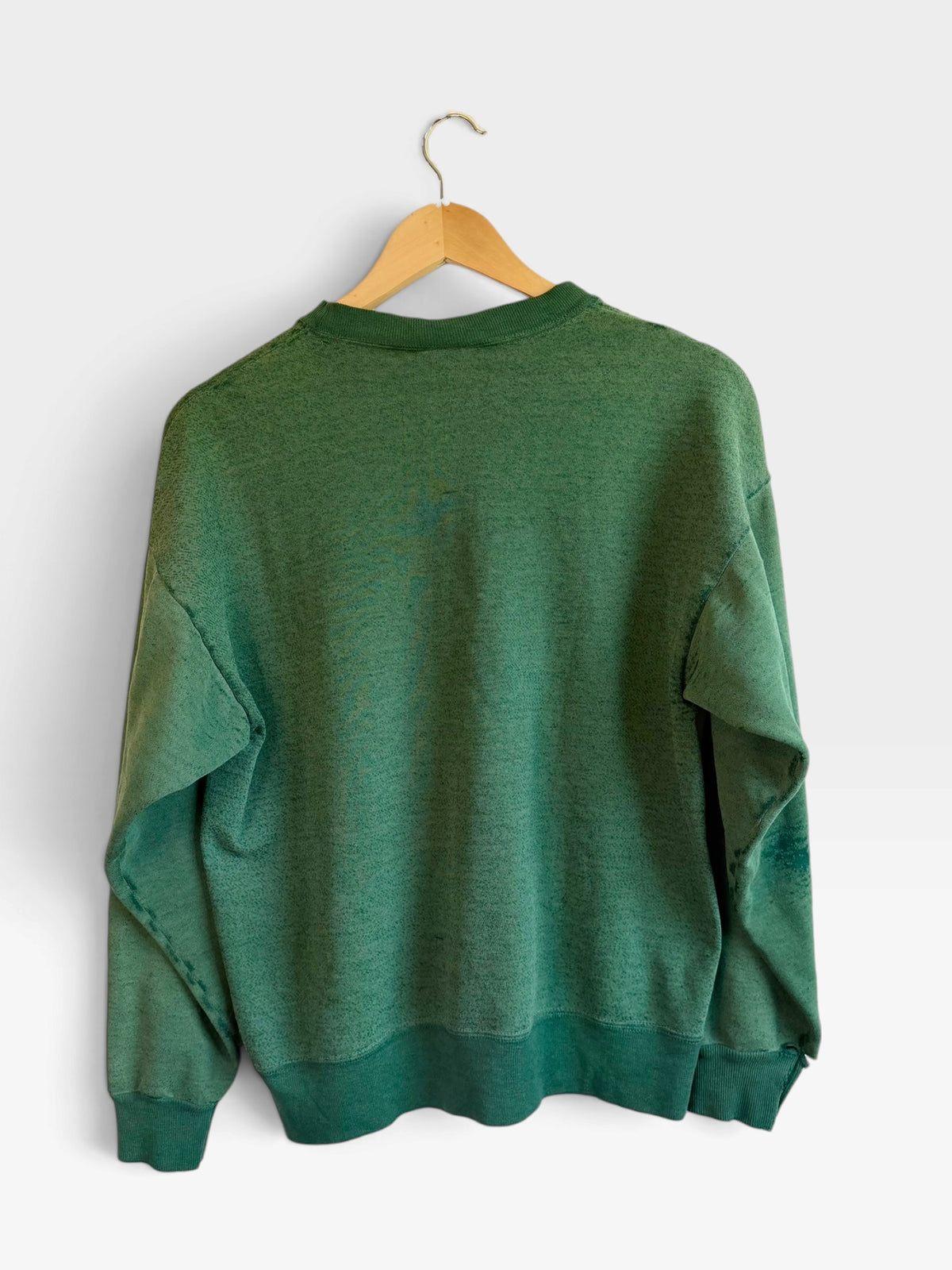 225 Threadz vintage forest green crewneck sweatshirt with a soft cotton-blend fabric and ribbed cuffs, back view.