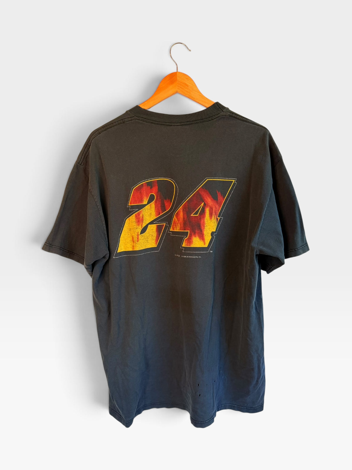 225 Threadz vintage black Hendrick Motorsports racing t-shirt with flame-inspired number 24 graphic on the back