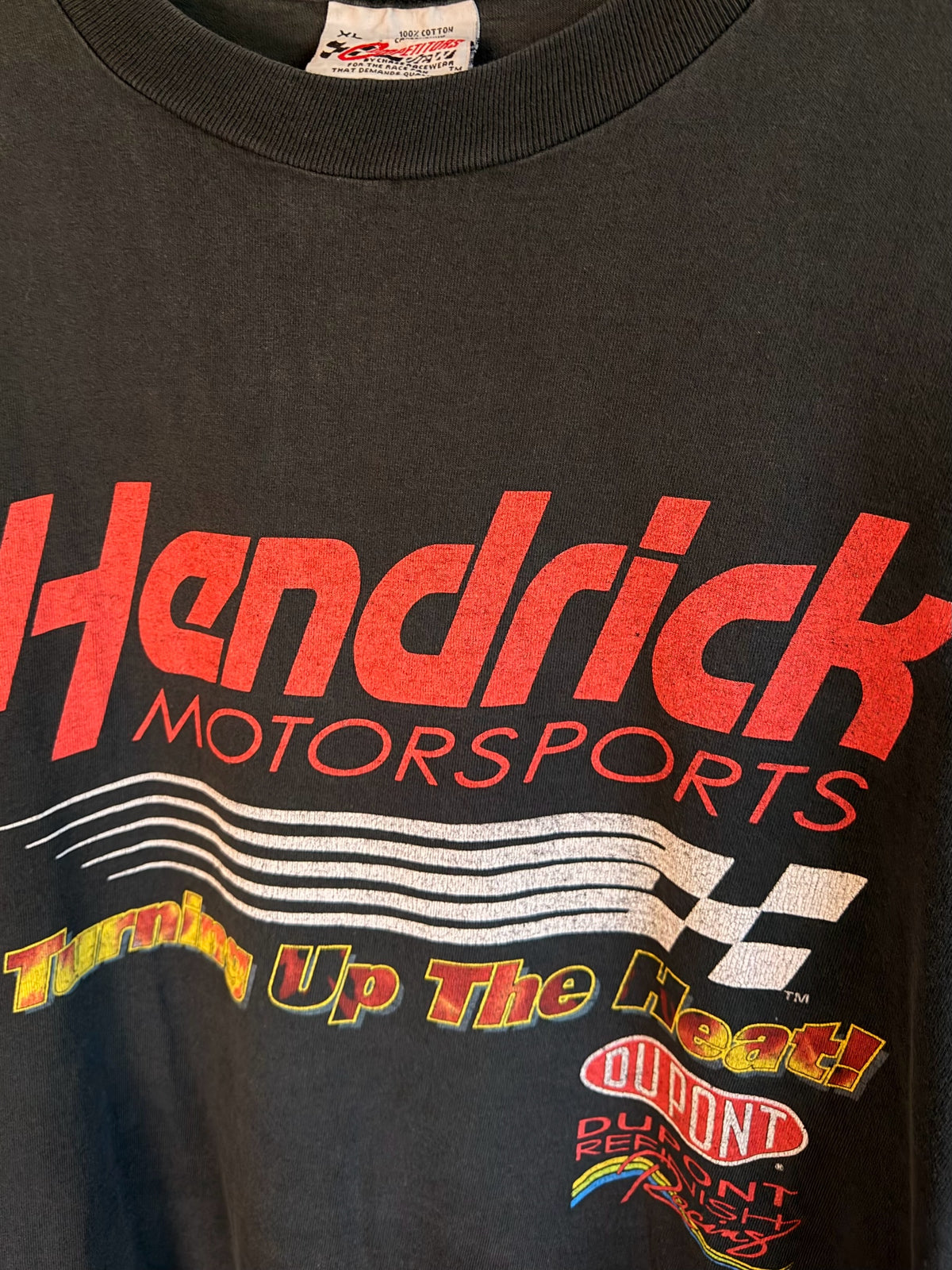 225 Threadz vintage black Hendrick Motorsports racing t-shirt with Turning Up The Heat graphic and DuPont logo