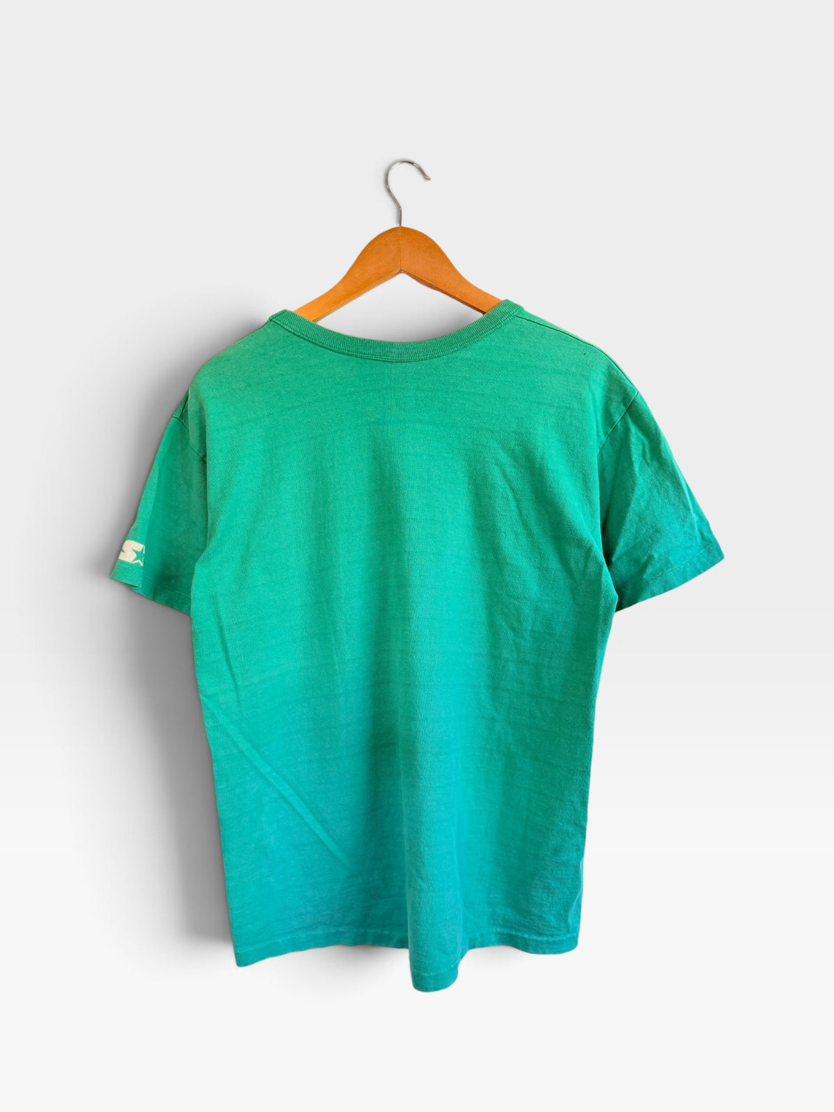225 Threadz vintage green Miami Dolphins football t-shirt with Starter logo on sleeve, back view on wooden hanger
