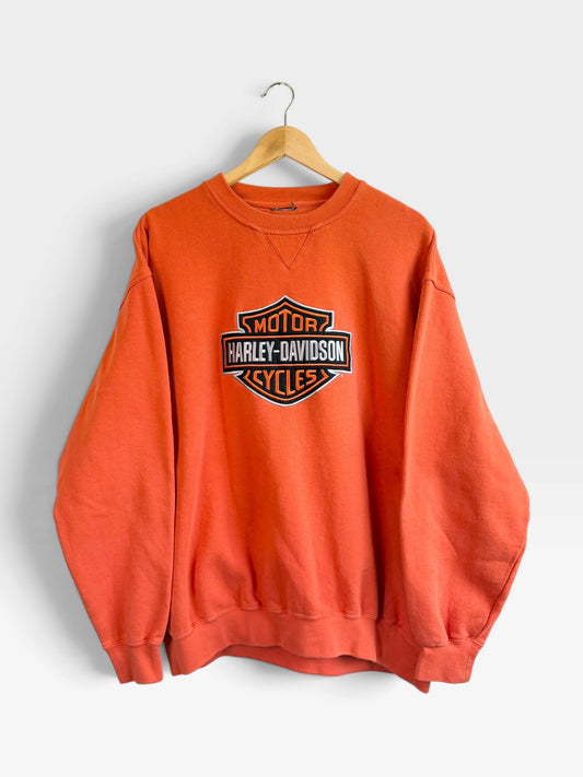 225 Threadz vintage sun-faded orange Harley-Davidson crewneck sweatshirt with classic logo on a wooden hanger