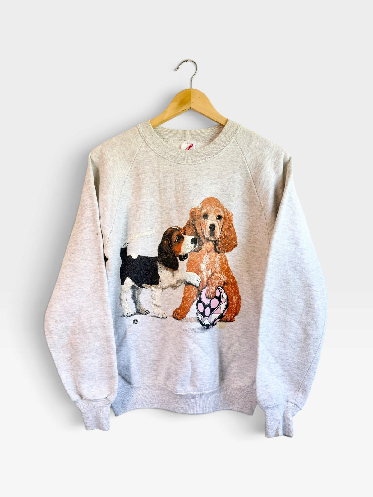 225 Threadz heather grey crewneck sweatshirt featuring a vintage graphic of two puppies playing with a ball.