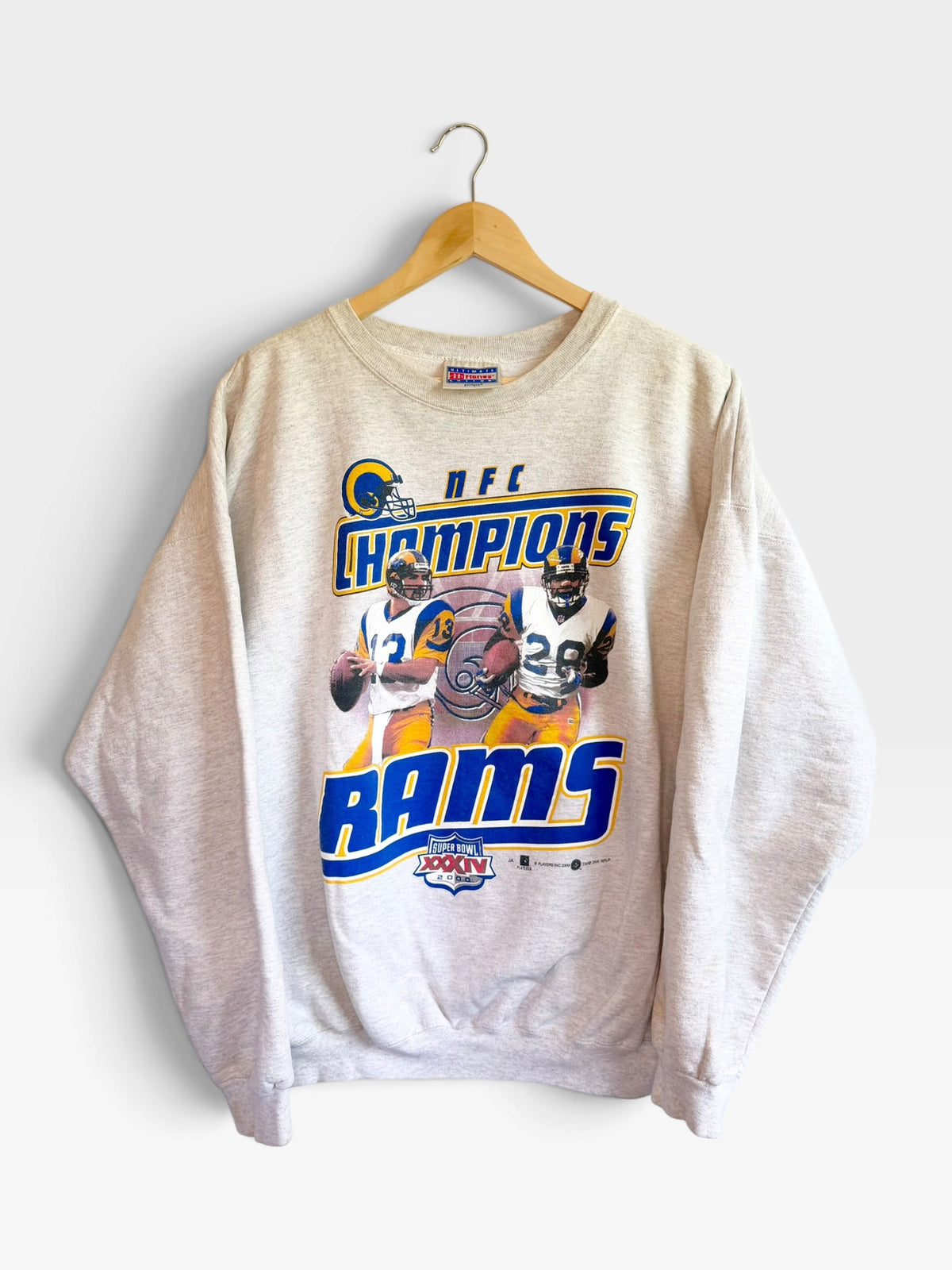 225 Threadz vintage heather grey Los Angeles Rams NFC Champions crewneck sweatshirt with Super Bowl XXXIV graphic